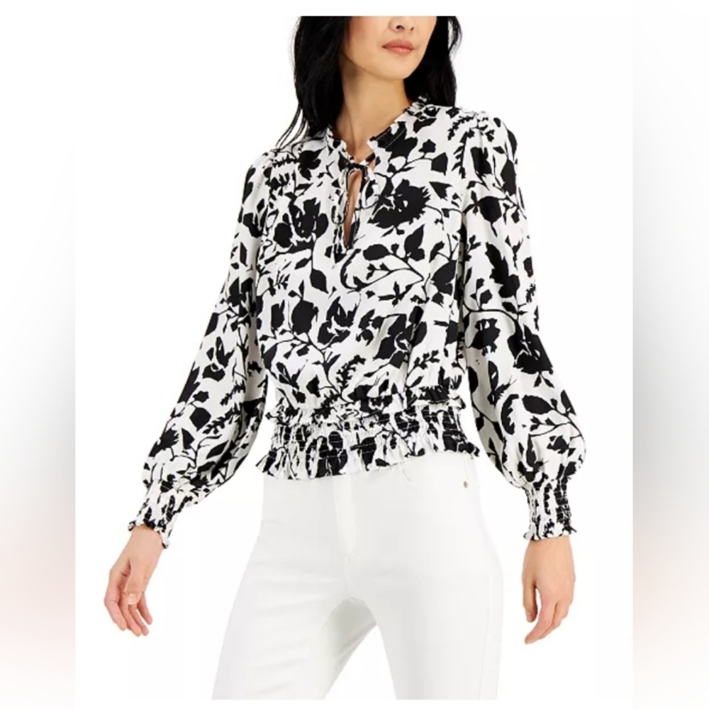 International Concepts Printed Smocked-Hem Top